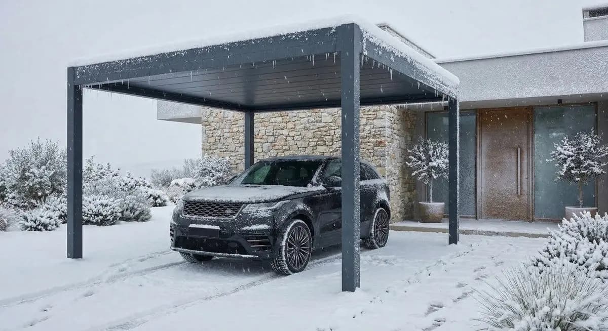 Aluminium Carport — An aluminium carport with integrated rainwater drainage, image 1