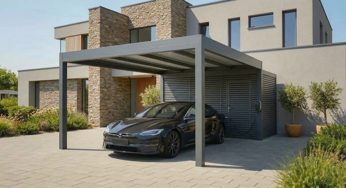 Carport cu Depozitare — Un carport din aluminiu combinat cu un compartiment de depozitare complet închis și încuiabil — biciclete, unelte de grădină, anvelope, totul uscat și sigur, image 1