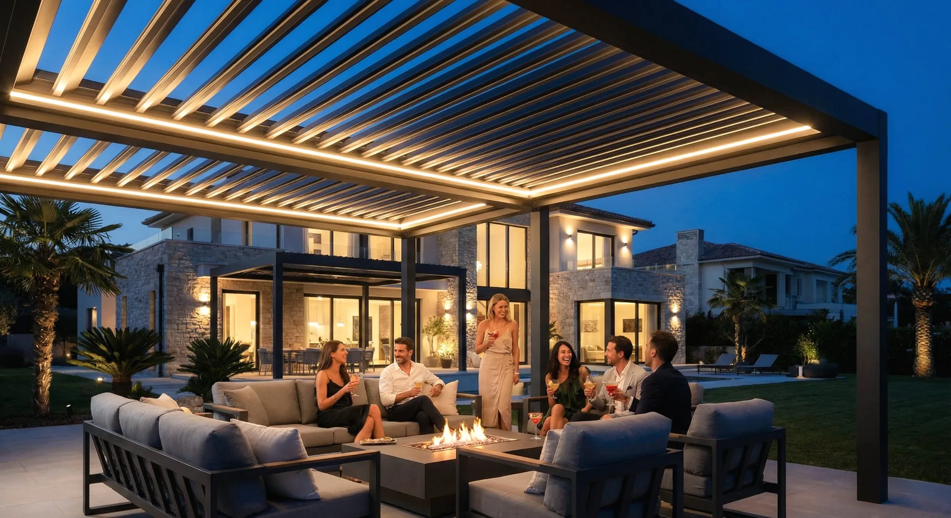 Luxa Sereno 700 pergola bioclimatique sur rooftop avec éclairage LED intégré aux poutres