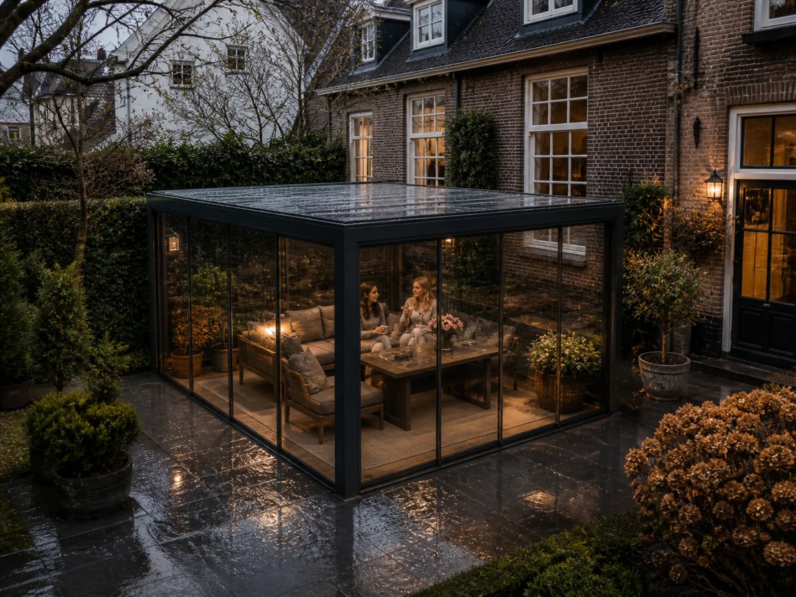 Luxa Aperio 800 toit rétractable avec véranda vitrée la nuit — salon extérieur éclairé sous la pluie