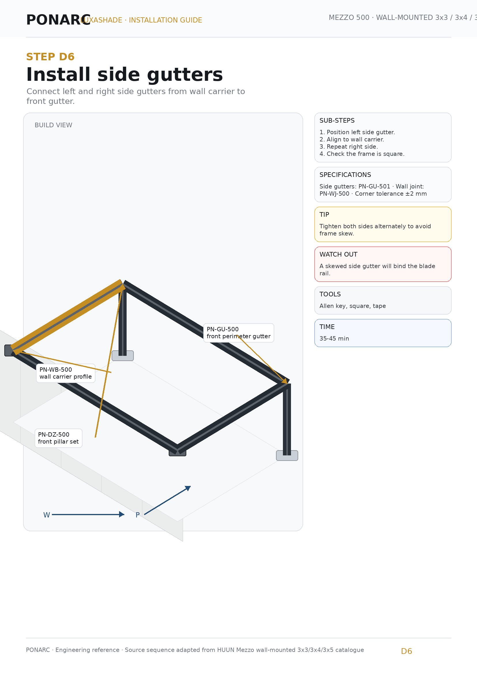 Install left side profile D-1 (front to wall beam) — illustration