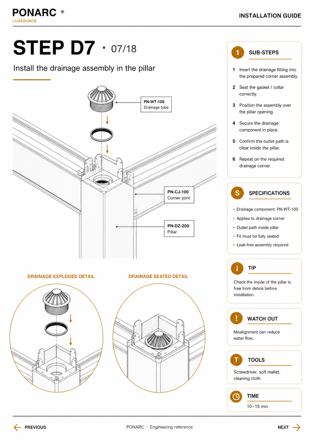 Install the drainage assembly in the pillar — illustration