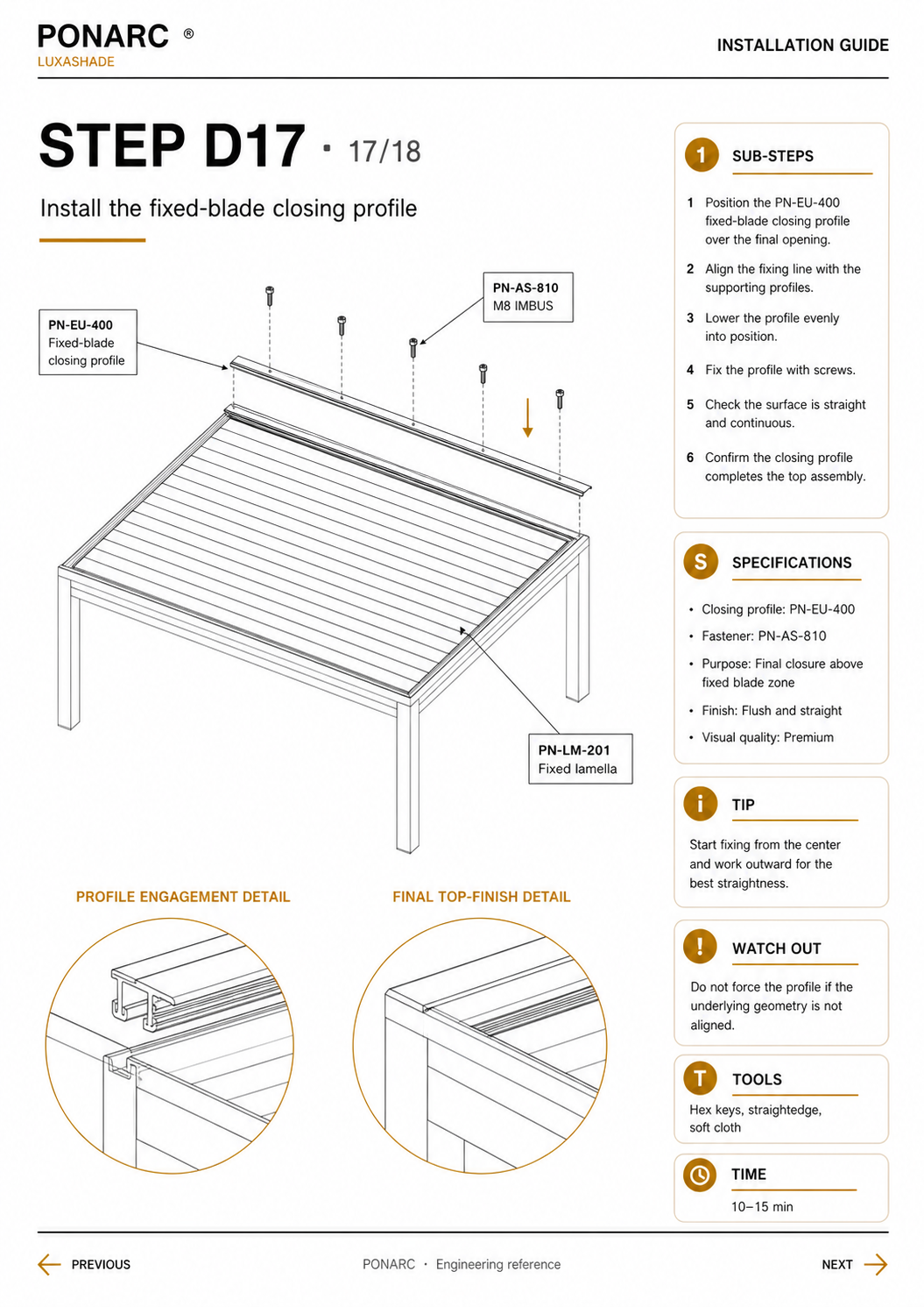 Install the fixed-blade closing profile — illustration